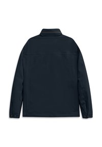 Dunkelblaue, leichte Jacke mit einem Kragen und langen Ärmeln. Verfügt über eine glatte Textur und knöpfbare Manschetten, entworfen zum Übereinandertragen.