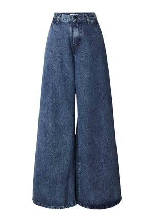 Vide benbukser i mørk blå med en jevn tekstur. Har høy midje, beltehemper og klassisk design med fem lommer.