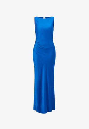 Plava saten haljina s bezrukavnim dizajnom, uskim korzetom i lepršavom suknjom. Ima suptilan drapirani detalj u struku i ravni dekolte.