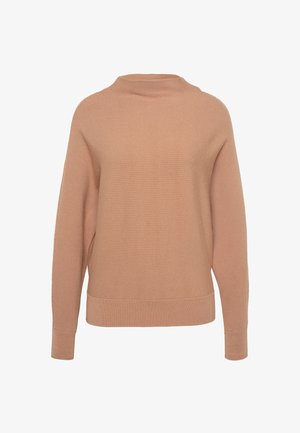 Maglione ribbed color marrone chiaro con un colletto alto, maniche lunghe e una vestibilità rilassata. Texture liscia, con un design semplice e senza ulteriori decorazioni.