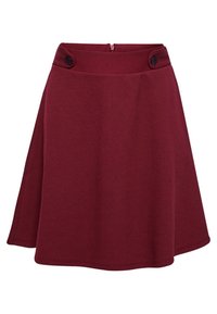 Bordeaux flared rok van textiel met een hoge taille, twee zwarte knopen en een verborgen rits aan de achterkant.
