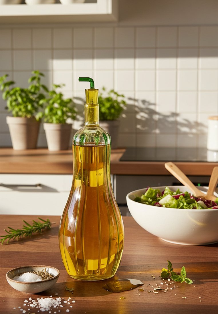 Szklana butelka oliwy z oliwek z nalewakiem na drewnianym blacie kuchennym, rozlana oliwa, miseczka z solą i pieprzem, świeże zioła oraz miska sałatkowa z drewnianymi przyborami.