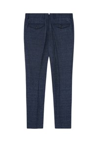 Marineblauwe broek met een gestructureerd ruitpatroon, voorzien van twee achterzakken en een recht gesneden ontwerp.