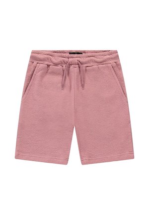 Lichtroze, gestructureerde short met een elastische tailleband, trekkoord en twee zijzakken. Casual ontwerp, geschikt voor ontspannen kleding.