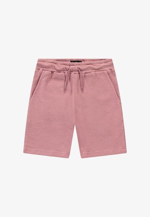 Lichtroze, gestructureerde short met een elastische tailleband, trekkoord en twee zijzakken. Casual ontwerp, geschikt voor ontspannen kleding.