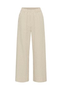 Pantalon beige à jambes larges avec un motif de grille noire et une taille élastique, présenté à plat sur fond blanc.
