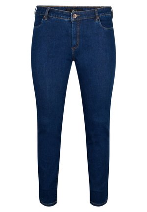 Mörkblå denimjeans med slim fit, med en framknäppning, fem fickor och kontrasterande orange sömmar.