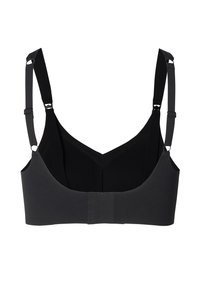 Czarny stanik sportowy o kroju v-neck, szerokich ramiączkach i gładkiej fakturze. Posiada bezszwowy tył oraz regulowane zapięcie.