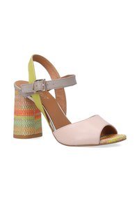 Open-toe high-heeled sandal featuring a smooth light pink leather upper, a colorful woven block heel, and a yellow ankle strap with buckle.