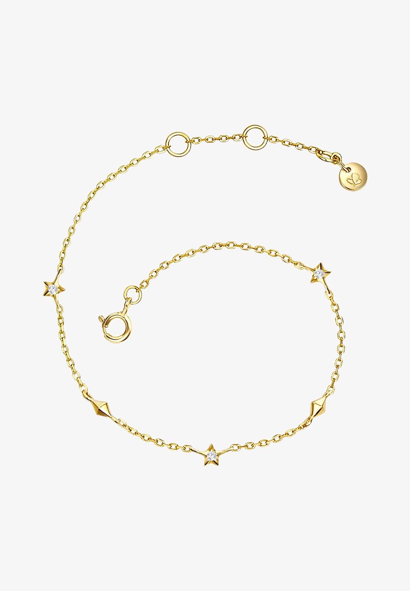 Pulsera de cadena de oro con acentos en forma de estrella, algunos con piedras transparentes, y un cierre de langosta. Textura suave y acabado pulido.