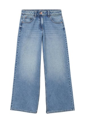 Jeans a gamba larga di colore blu chiaro, realizzati in denim, con chiusura a bottone, tasche frontali e un lavaggio sbiadito con dettagli di sfumature sottili.