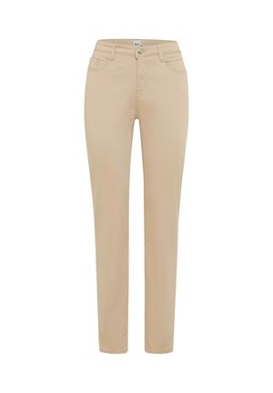 Beżowe spodnie slim fit z przednim zapięciem na guzik i zamek błyskawiczny, szlufkami na pasek oraz przednimi kieszeniami, przedstawione na białym tle.
