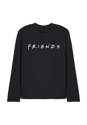 Schwarzes langärmliges Hemd mit dem Wort "FRIENDS" in weißen Buchstaben, jeder Buchstabe durch kleine bunte Punkte in Rot, Blau und Gelb getrennt.