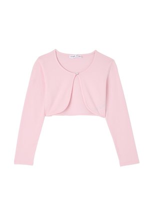 Top lungo maniche corte rosa, realizzato in tessuto morbido, presenta una scollatura tonda e una chiusura decorativa con bottone al centro davanti.