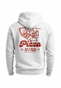 White hoodie featuring a red graphic of a smiling chef holding a pizza box, with text reading “Pizza,” “Eat a Slice Do It Twice,” and more.