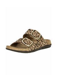 Chanclas deslizantes de estampado de leopardo hechas de material suave, con dos correas ajustables y hebillas doradas, y una plantilla acolchada. Suela de goma marrón.