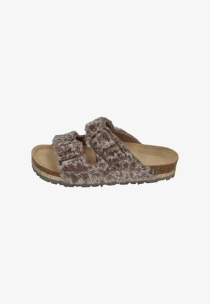 Faux fur slide sandal in brown with two adjustable straps, contoured cork footbed, and rubber sole for grip and comfort.