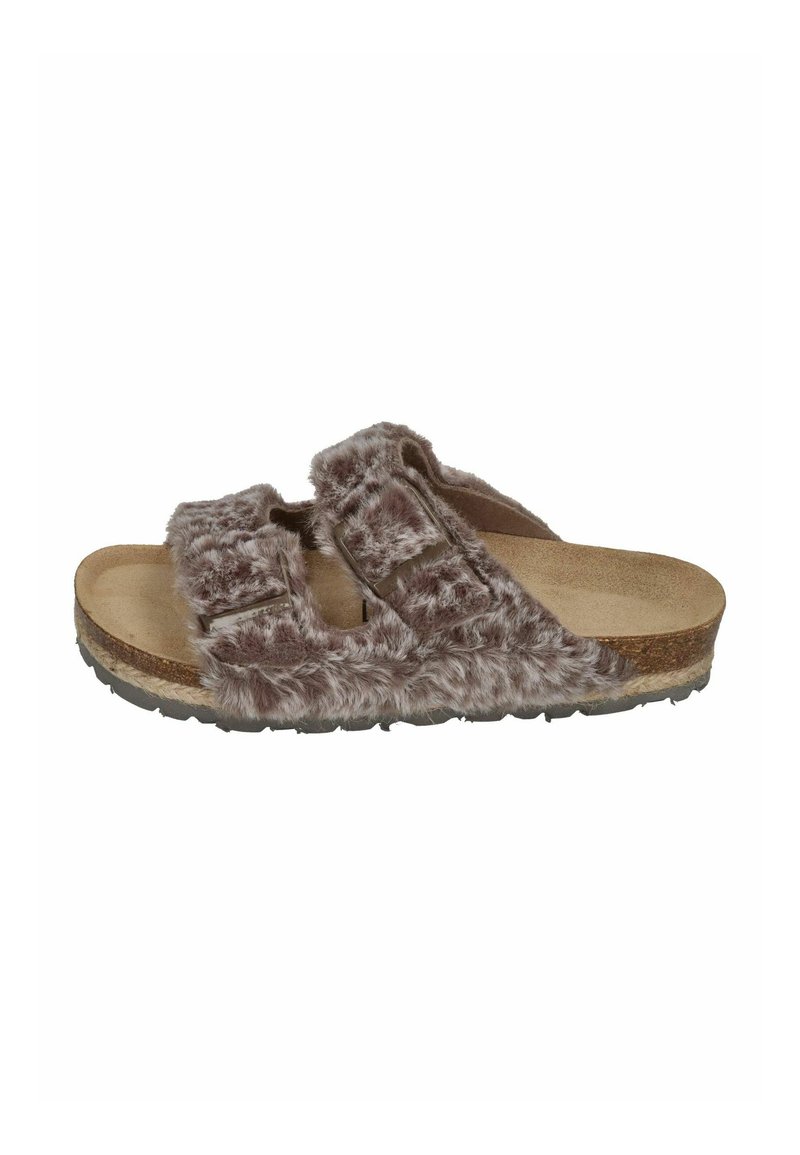 Faux fur slide sandal in brown with two adjustable straps, contoured cork footbed, and rubber sole for grip and comfort.