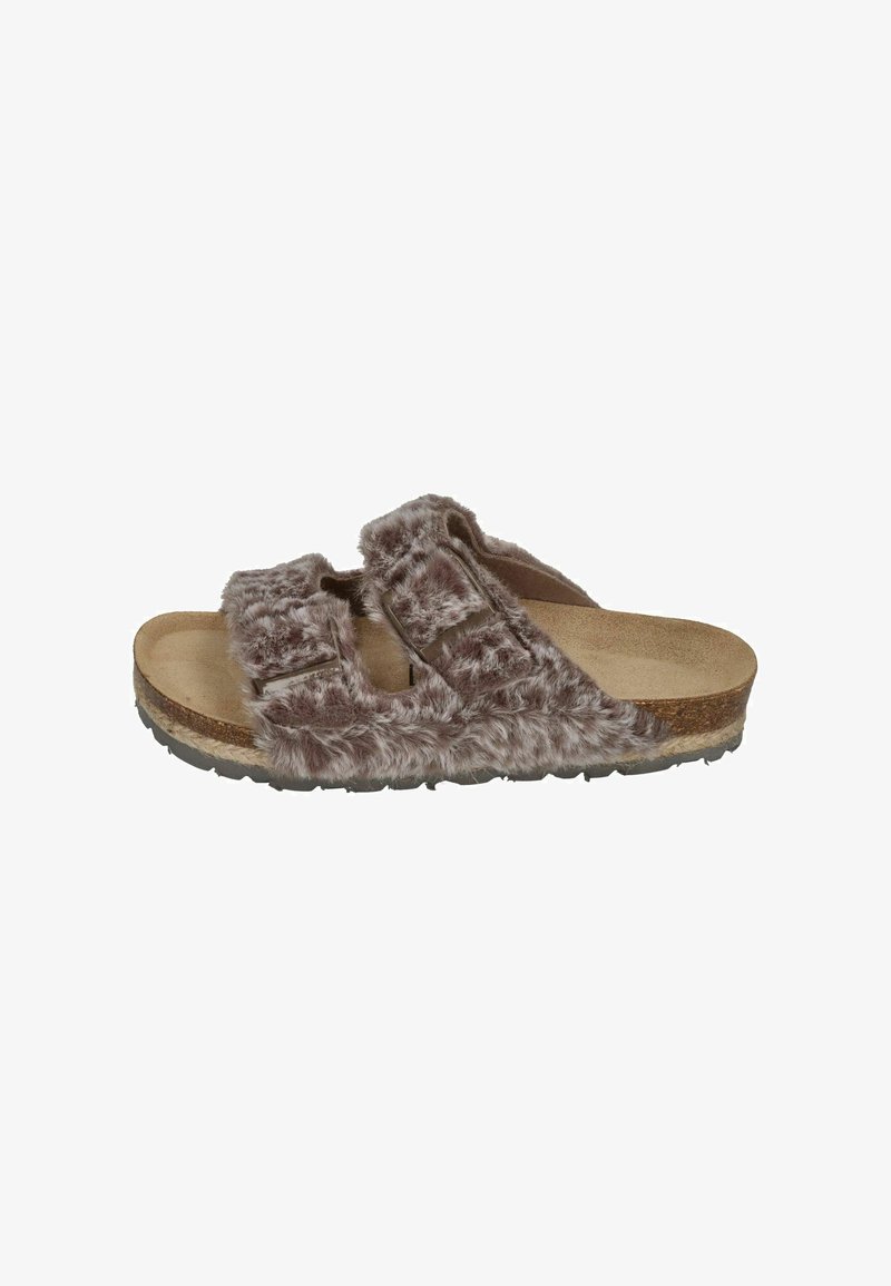 Faux fur slide sandal in brown with two adjustable straps, contoured cork footbed, and rubber sole for grip and comfort.