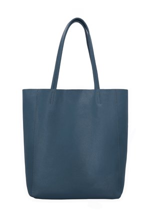 Mørkeblå læder-totetaske med to skulderremme og et enkelt, ubestrøget design på en hvid baggrund.