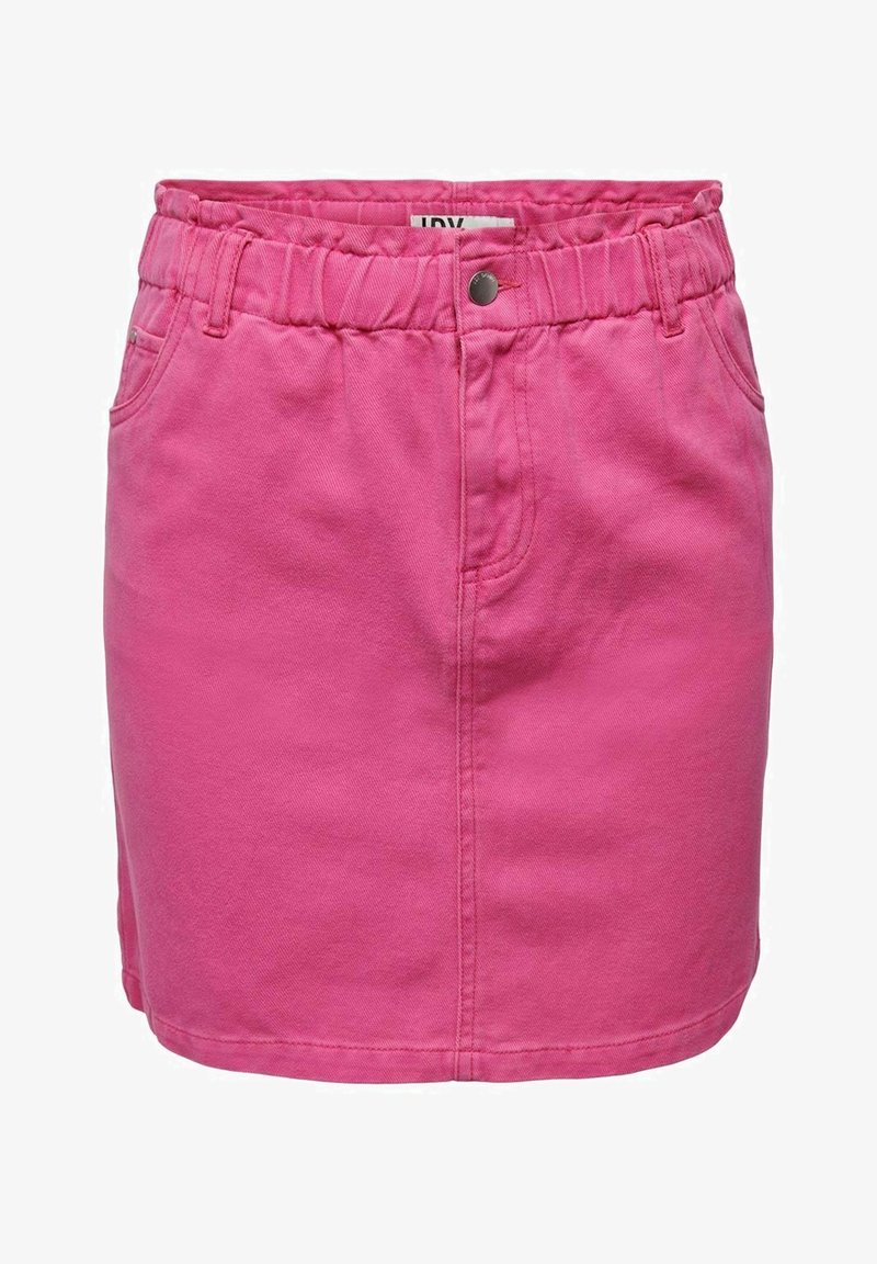 Jupe en denim rose avec taille élastique, bouton à l'avant, passants de ceinture et poches latérales, vue de face sur fond blanc.