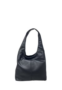 Borsa hobo in pelle nera con una superficie morbida, ampia tracolla e aperture curve. Presenta un design minimale e senza cuciture.