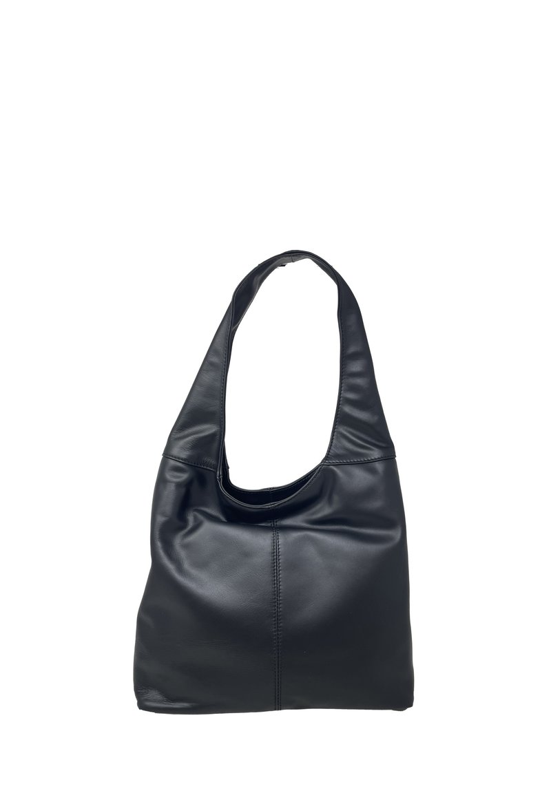Borsa hobo in pelle nera con una superficie morbida, ampia tracolla e aperture curve. Presenta un design minimale e senza cuciture.