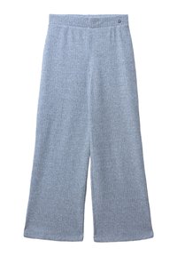 Jasnoniebieskie prążkowane spodnie szerokie z wysokim stanem i małą metalową metką marki blisko pasa.