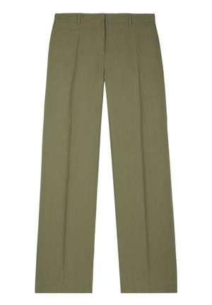 Pantalon droit vert olive avec passants de ceinture, fermeture éclair frontale et pli sur chaque jambe, posé à plat sur fond blanc.