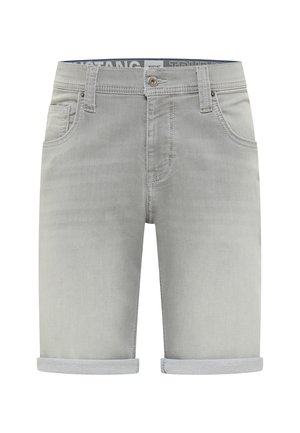 Light grey denim shorts with rolled hems, five-pocket design, and a contrasting waistband with text. Smooth texture and minimal stitching.