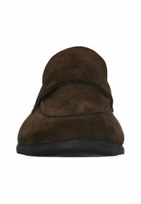 Brown suede slip-on shoe with a slightly raised collar. Features a smooth, soft texture and a black rubber sole for traction.