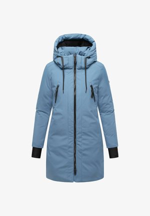 Light blue insulated coat with a high collar, adjustable hood, two zippered chest pockets, and black cuff accents. Smooth texture and sleek design.