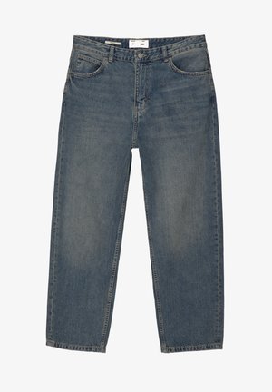Blaue Denim-Jeans mit lockerer Passform, klassischem Fünf-Taschen-Design und minimaler Verblassung. Enthält einen Knopfverschluss und Gürtelschlaufen.