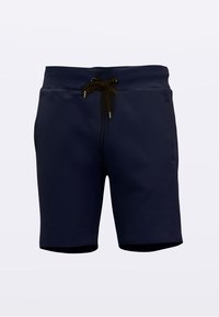 Sportske kratke hlače tamnoplave boje izrađene od meke tkanine; imaju elastični pojas s smeđom vezicom i bočne džepove. Klasičan kroj i dizajn.