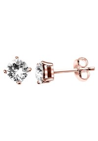 Boucles d'oreilles en or rose avec des pierres en zircon cubique rondes et transparentes, montées en sertissage à quatre griffes, avec une finition lisse et polie.