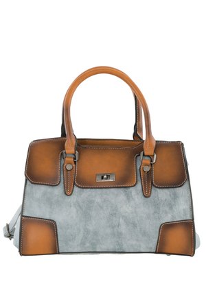 Grijs en bruine leren handtas met dubbele handvatten, metalen sluiting en decoratieve stiksels op de hoeken en het klepje.