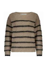 Pull beige en peluche avec des manches longues et des rayures noires horizontales sur le corps et les manches.