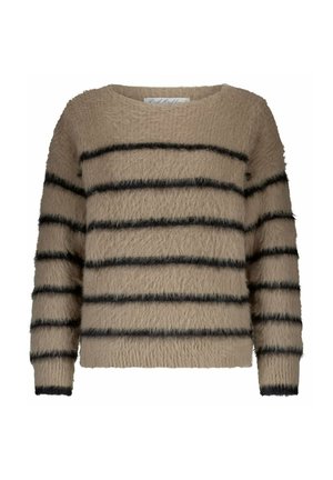 Beige pluizige trui met lange mouwen en zwarte horizontale strepen over het lichaam en de mouwen.