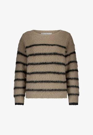 Pull beige en peluche avec des manches longues et des rayures noires horizontales sur le corps et les manches.
