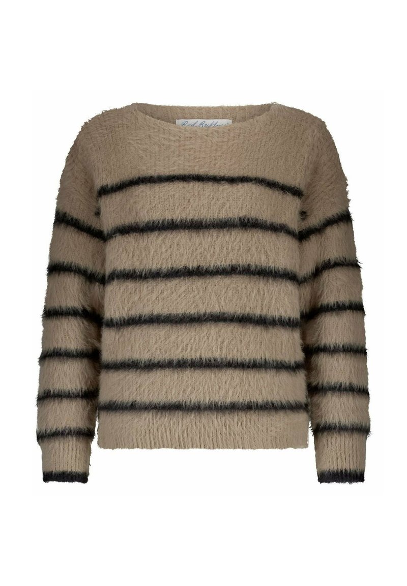 Pull beige en peluche avec des manches longues et des rayures noires horizontales sur le corps et les manches.