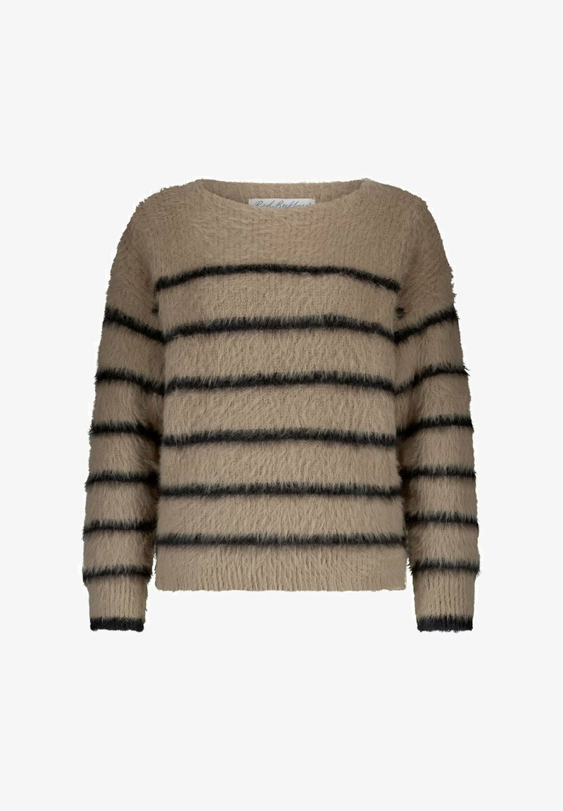 Pull beige en peluche avec des manches longues et des rayures noires horizontales sur le corps et les manches.
