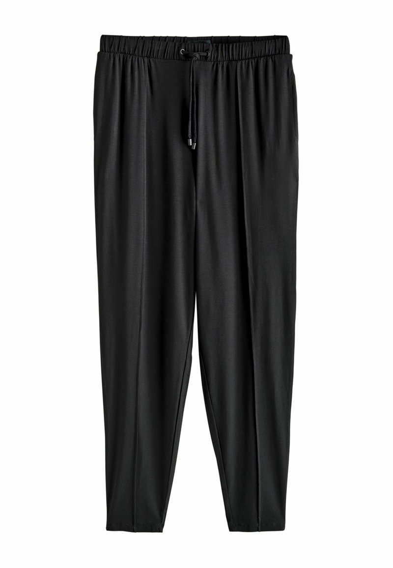 Black pants with an elastic waistband, adjustable drawstring, tapered leg design, and a smooth, lightweight fabric texture.