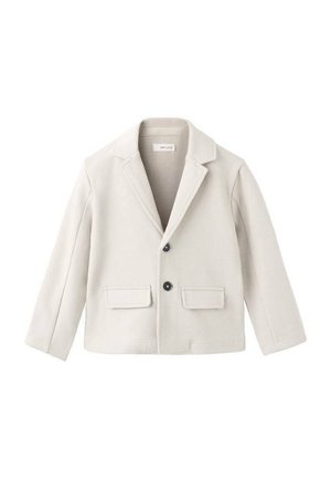 Chaqueta beige clara con un diseño entallado, cierre de un solo botón, dos bolsillos frontales y solapas con muesca, confeccionada en una tela texturizada.