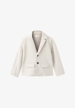 Hellbeige Jacke mit maßgeschneidertem Design, Ein-Knopf-Verschluss, zwei Fronttaschen und Revers mit Kerbkragen, aus strukturiertem Stoff gefertigt.