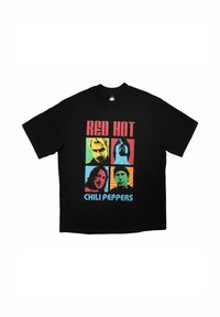 Black cotton t-shirt featuring a graphic print of band members in colorful squares, with "RED HOT CHILI PEPPERS" text displayed prominently.