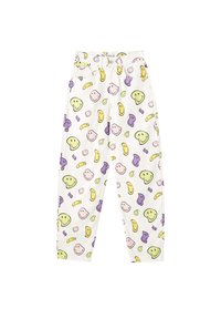 Pantalones blancos de cintura alta, decorados con patrones de caras sonrientes coloridas en amarillo, púrpura y rosa por todo su diseño.