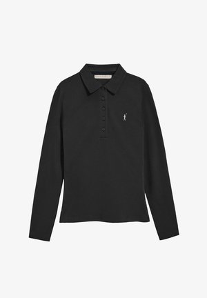 Langärmliges schwarzes Poloshirt aus Baumwolle mit einem kragenähnlichen Hals, einer Knopfleiste mit fünf Knöpfen und einem gestickten Logo auf der linken Brust.