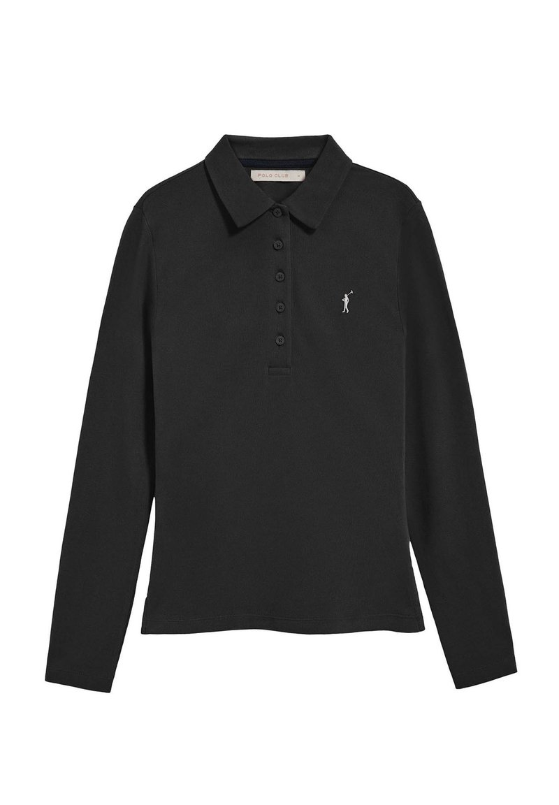 Camisa polo negra de manga larga, hecha de algodón, con cuello tipo polo, tapeta de cinco botones y un logo bordado en el lado izquierdo del pecho.