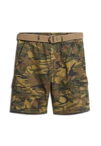 Pantalones cortos de camuflaje en verde, marrón y negro. Cuenta con múltiples bolsillos, acentos cosidos y un cinturón de tela color beige.