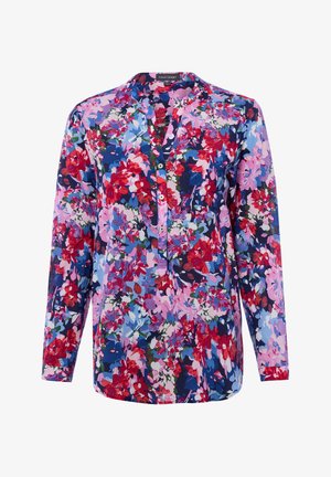 Damenbluse mit langen Ärmeln, V-Ausschnitt, Knopfleiste und mehrfarbigem Blumenmuster in Rot-, Rosa-, Blau- und Grüntönen.